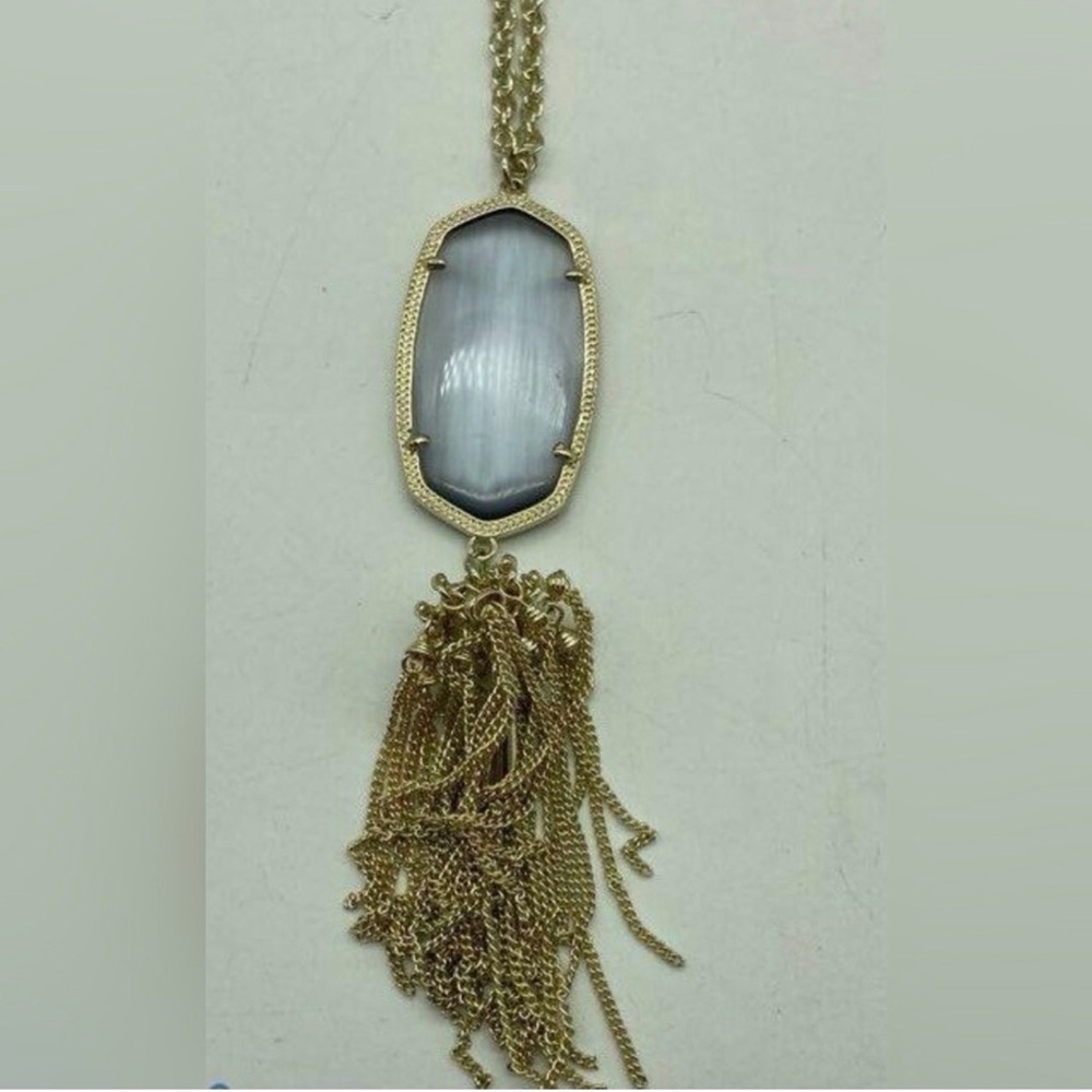 Kendra Scott Rayne Long Goldtone Pendant with Slate Gray Stone EUC